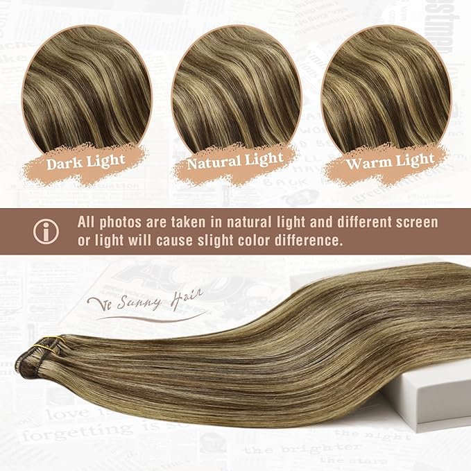 Ve Sunny Clip in Human Hair Extensions Highlights Brown Clip in Hair Extensions Real Human Hair Highlights Dark Brown with Caramel Blonde Natural Look Hair Extensions for Women 120g 18inch 7pcs