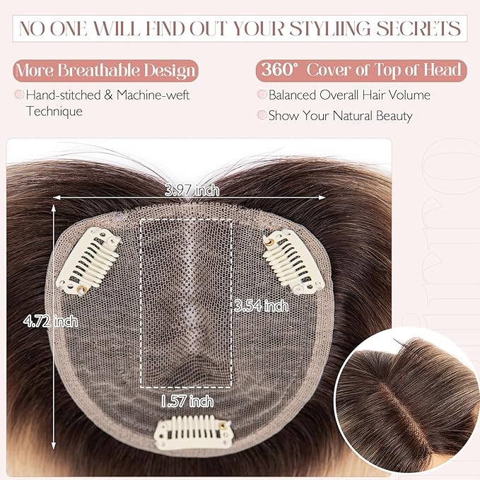 Hairro 100% Human Hair Topper No Bangs, Real Clip in Hair Hairpieces for Women, 3.94x4.72" Silk Base for Thinning Receding High Hairline, 12 Inch Natural Black to Blonde Middle Part