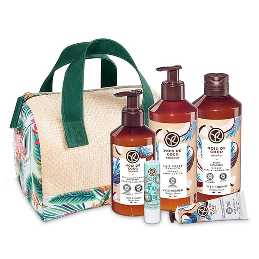 Yves Rocher Bain de Nature Coconut 6-Piece Gift Set, Shower Gel, Hand Cream, Body Lotion, Lip Balm, Hand Soap & Vanity Bag, 6 Items