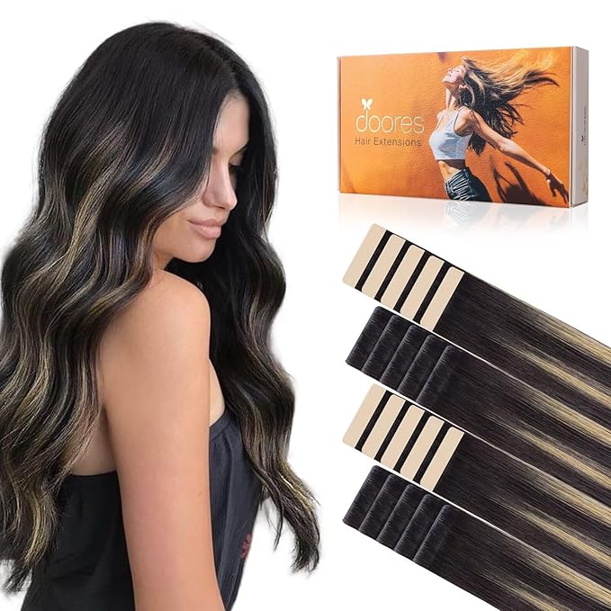 DOORES Invisi Edge Human Hair Extensions Tape in, Natural Black to Light Blonde 10 Injection Tape-ins with 10 Classic Tape-ins 50g 22 Inch, Injected Tape in Extensions Virgin Human Hair