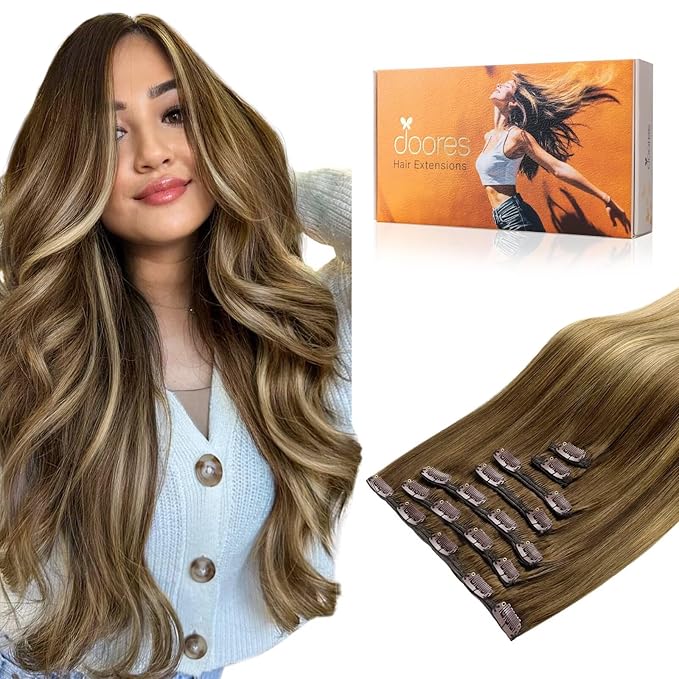 DOORES Remy Human Hair Extensions Clip in, Medium Brown Highlighted Dirty Blonde 16 Inch 7pcs 120g, Clip in Hair Extensions Real Natural Hair Extensions Straight Thick