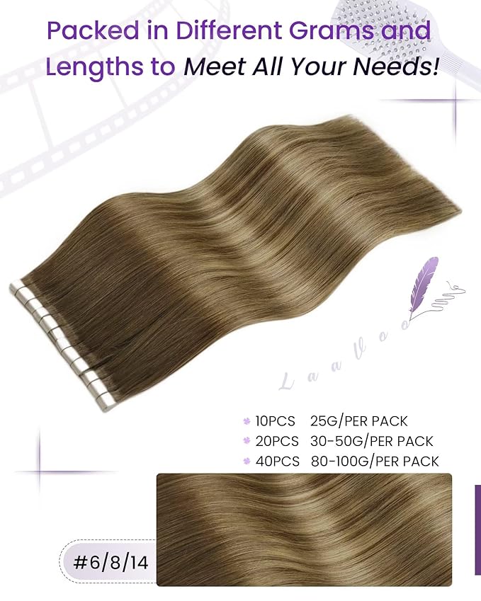 LaaVoo Human Hair Tape in Extensions Balayage Tape in Hair Extensions Human Hair Ombre Brown to Light Brown Mix Golden Brown Tape on Extension Invisible 22 Inch 100g 40pcs