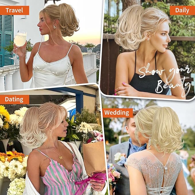 KooKaStyle Ponytail Extension, 10" Short Claw Clip in Pony Tails Hair Extensions Curly Wavy Synthetic Drawstring Hairpieces for Women(Blonde with White Highlights)
