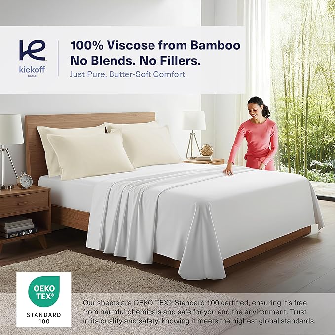 Kickoff Viscose Bamboo Pillowcase, Queen, Set of 2, 100% Organic Hidden Zippered Viscose Bamboo Pillow Case Queen Size, Cooling Pillow Cover for Hot Sleepers (20"x30" Buttercream)
