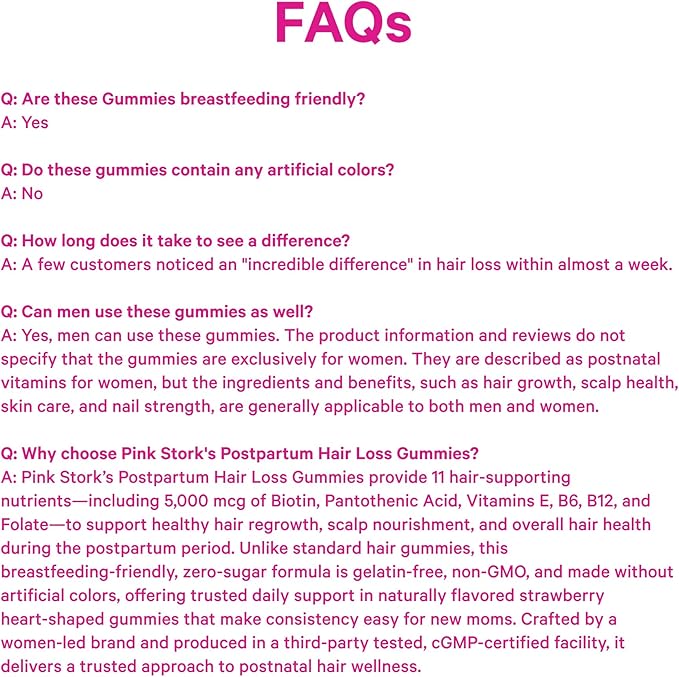 Pink Stork Postpartum Hair Loss Gummies | Biotin, Pantothenic Acid, Vitamin E, B6, B12 | Postnatal Hair Growth + Regrowth Support | Breastfeeding-Friendly | Postpartum Essentials | 60 Gummies