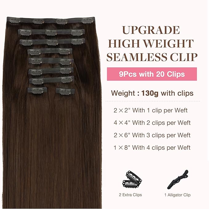 GOO GOO Clip in Hair Extensions Real Human Hair, Remy Human Hair Extensions Clip ins for Women, Natural Human Hair, 18inch 170g 9Pcs, #4A Chocolate Brown