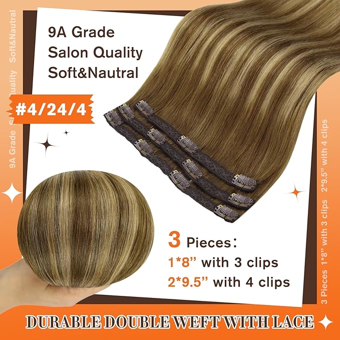 Full Shine Human Hair Clip in Extensions Brown Lace Clip in Human Hair Ombre Brown Fading to Blonde Highlight Straight Hair for Women 16 Inch 3 PCS 60 Grams