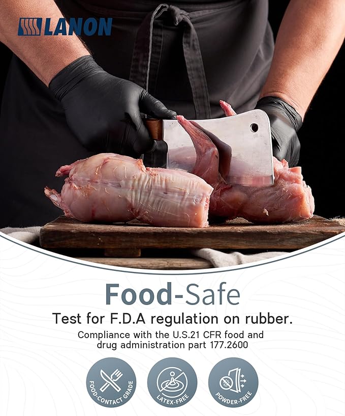 LANON Protection Food Safe Disposable Nitrile Gloves, Latex-Free, Powder-Free, Silicone-Free, Textured Fingertips, Cooking, Black，Large
