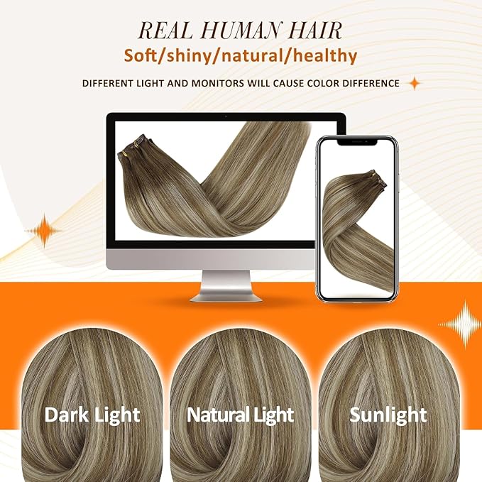 Full Shine Brown Seamless Hair Extensions Clip ins Balayage Chestnut Brown to Platinum Blonde Human Hair Clip in Extensions for Woman Washability 14 Inch 8 PCS 120 G