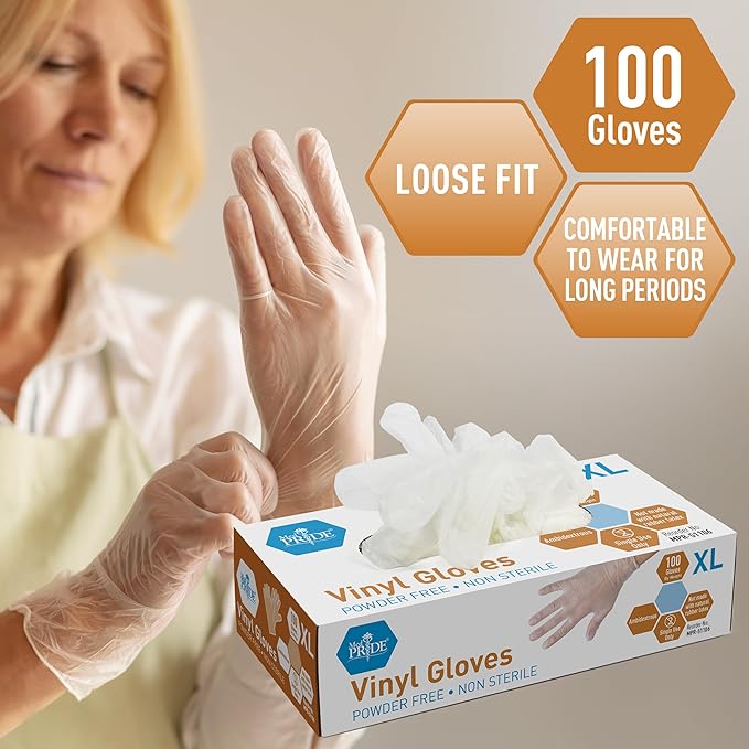 Med PRIDE Vinyl Gloves| X-Large Box of 100| 4.3 mil Thick, Powder-Free, Non-Sterile, Heavy Duty Disposable Gloves| Professional Grade for Healthcare, Medical, Food Handling, and More