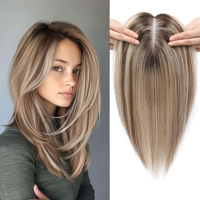 Human Hair Toppers for Women Real HairTopper with Thinning Hair 120% Density Round Shaped Swiss Base Hair Pieces 40g-Ombre Light Brown with Blond Highlight（2T613）