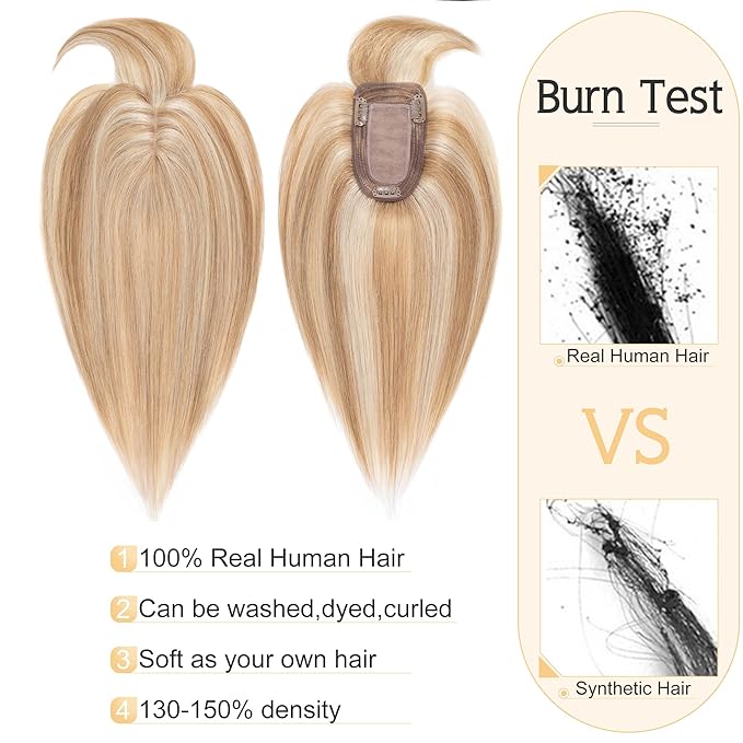 SEGO Hair Toppers for Women Real Human Hair With Bangs, 7 * 13CM Silk Base 100% Remy Human Hair Clip in Top Wiglet Hairpieces Add Volume -6 Inch Golden Brown&Bleach Blonde