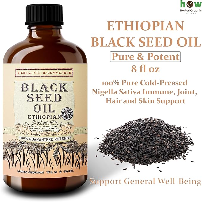 Ethiopian Black Seed Oil 16oz – Extra Strength 3x Thymoquinone – 100% Pure Cold-Pressed Nigella Sativa – Immune, Joint, Hair and Skin Support