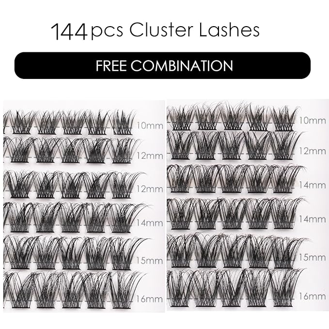 Lash Clusters 144 Pcs Individual Lashes Clusters Eyelash Extensions False Eyelashes DIY Lash Extension Reusable False Eyelashes Natural Look Mix 10-16mm C D Curl-DM17