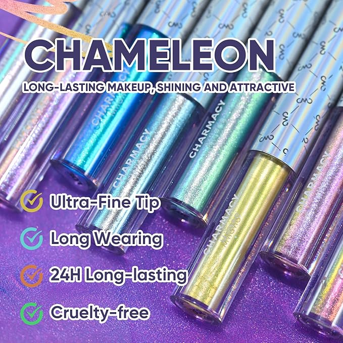 CHARMACY Chameleon Liquid Eyeliner, Liquid Glitter Eyeliner, Highly Pigmented, Metallic MultiColor Shifting waterproof Eyeliner, Ultra-Fine Tip, Longwearing, Smudge-proof (#301)
