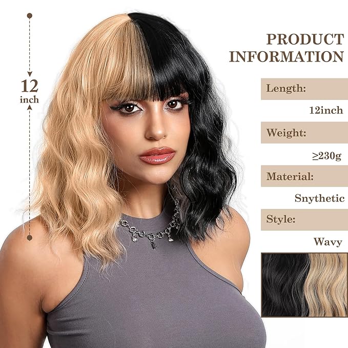 MISSQUEEN Short Black and Blonde Wavy Wig with Bangs for Women Heat Resistant Synthetic Hair Two Color Cosplay Party Costume Wig Halloween Wig