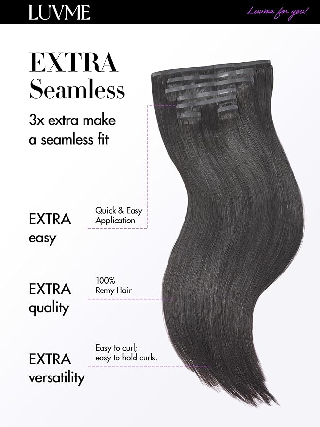 LUVME Silky Straight Seamless 2 Pack 220g 14Pcs Clip in Hair Extensions Full Max with 18inch Remy Human Hair Extensions, Natural Black 100% Real Soft