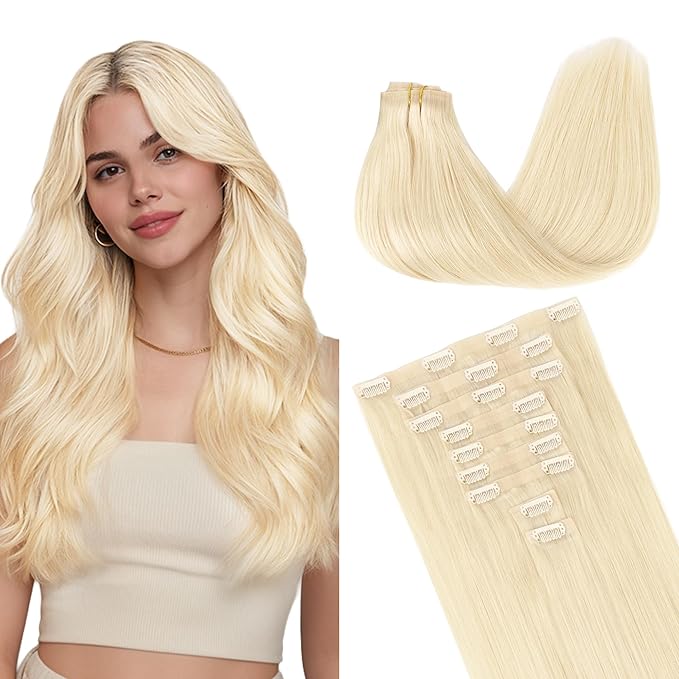 GOO GOO Clip in Hair Extensions Real Human Hair, Remy Human Hair Extensions Clip ins for Women, Natural Human Hair, 14inch 130g 9Pcs, 613R Bleach Blonde