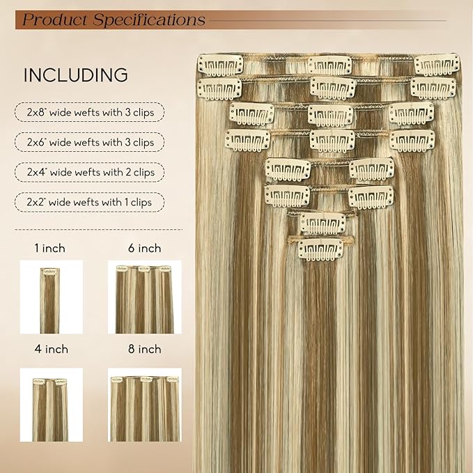 Clip in Hair Extensions Real Human Hair 22Inch 8pcs 110g Seamless Balayage Blonde Hair Extensions Clip Ins Double Weft Light Blonde Highlight Golden Blonde Invisible Straight Remy Human Hair for Women