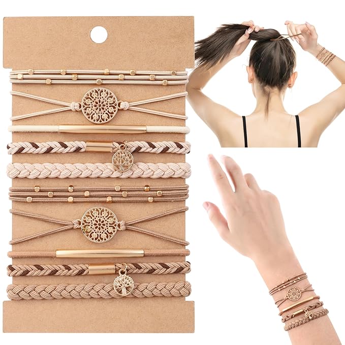 DIYDEC 10PCS Hair Ties Bracelet for Women 5 Styles Soft Braided Boho Hair Bands Elastic No Damage Hair Ties for Girls thick Thin Long Curly Hair Accessories(Beige and light coffee)