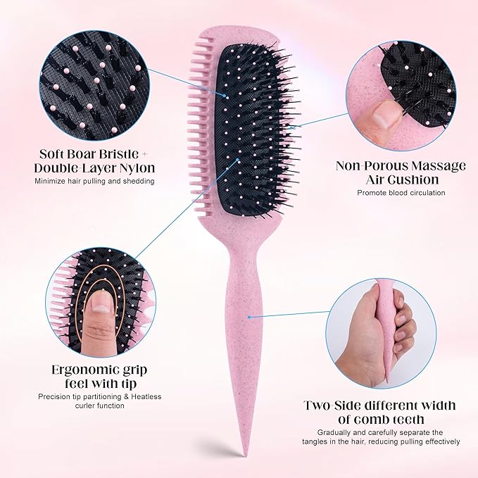 Curly Hair Brush for Detangling, Shaping and Defining Curls, Waves & Coils on All Light Wet or Dry Hair Types for Women and Men, Reduce Tangling, Curl Defining Brush, Light Rose Pink