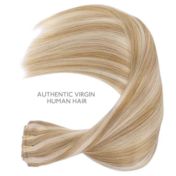 WENNALIFE Seamless Clip In Hair Extensions, 16 Inch 130g 7pcs Dirty Blonde Highlighted Bleach Blonde Hair Extensions Clip in Human Hair Invisible PU Skin Weft Natural Remy Human Hair Extensions