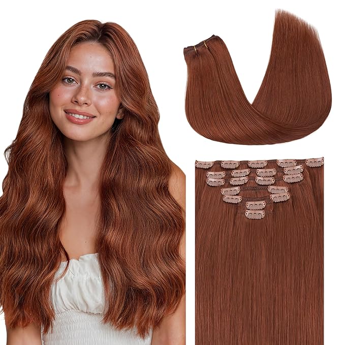 GOO GOO Clip in Hair Extensions Real Human Hair, Remy Human Hair Extensions Clip ins for Women, Natural Human Hair, 16inch 120g 7 Pcs, #33B Dark Auburn Copper