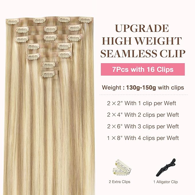 GOO GOO Clip in Hair Extensions Real Human Hair, Remy Human Hair Extensions Clip ins for Women, Natural Human Hair, 26inch 180g 7Pcs, #18A/613A Dark Blonde Highlighted Bleach Blonde
