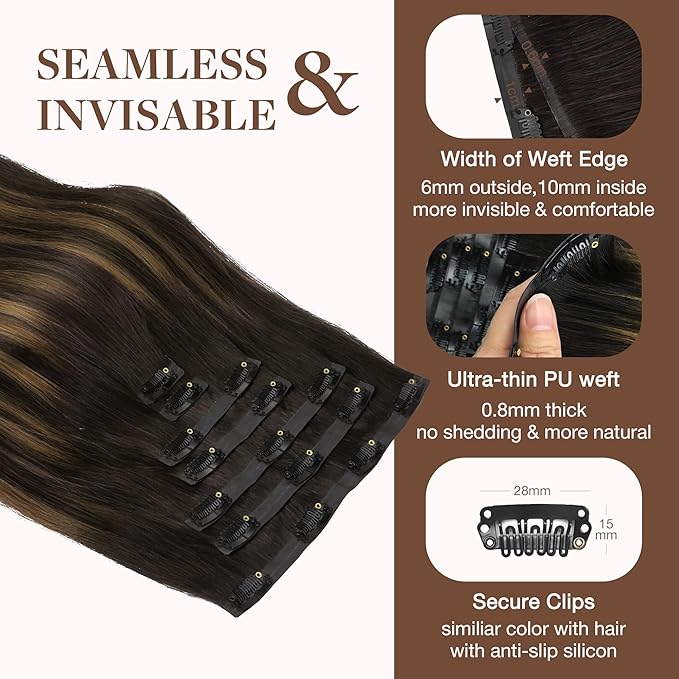 GOO GOO Clip in Hair Extensions Real Human Hair, Remy Human Hair Extensions Clip ins for Women, Natural Human Hair, 12inch 85g 7Pcs, #2/6/2 Balayage Dark Brown to Chestnut Brown