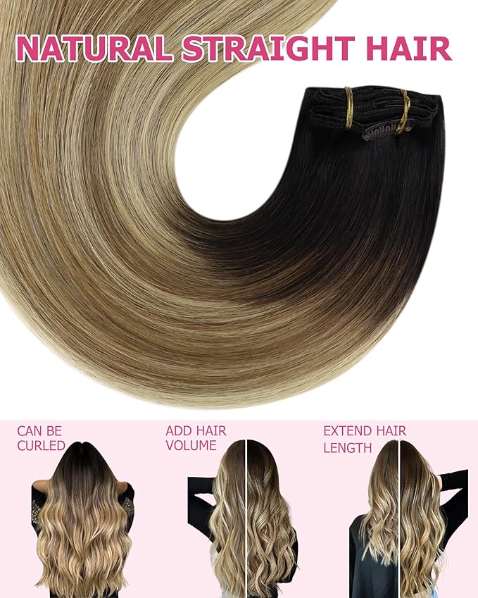 YoungSee Clip in Human Hair Extensions Balayage Clip on Hair Extensions for Women Darkest Brown to Blonde with Brown Balayage Clip in Extensions Real Human Hair Long Straight Hair 24Inch 120G 7Pcs