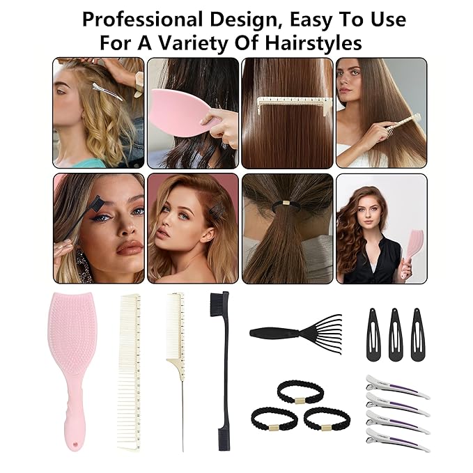 Hair Brush Set, Professional Styling Tools with Combs and Accessories, Pink, Gift Box Included (Pink Brush+Black Brush)