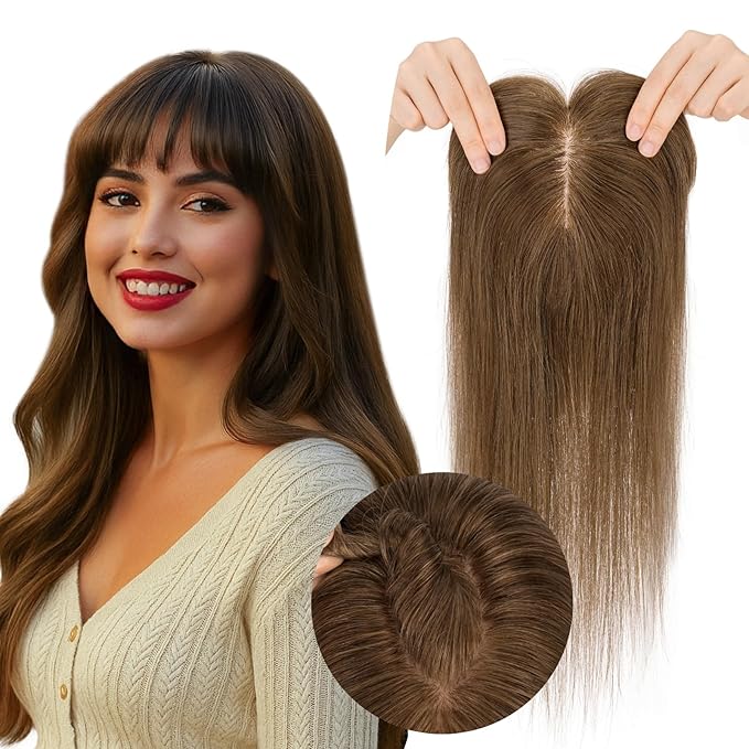 Real Human Hair Toppers for Women 3.54"*4.72" Silky Base 150% Density With Bangs Adjustable Parting Clip-In Topper Hairpieces for Women with Thinning Hair 14 Inches Medium Brown