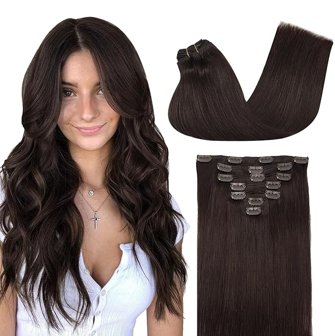 GOO GOO Clip in Hair Extensions Real Human Hair, Remy Human Hair Extensions Clip ins for Women, Natural Human Hair, 14inch 120g 7Pcs, 2A Light Brown