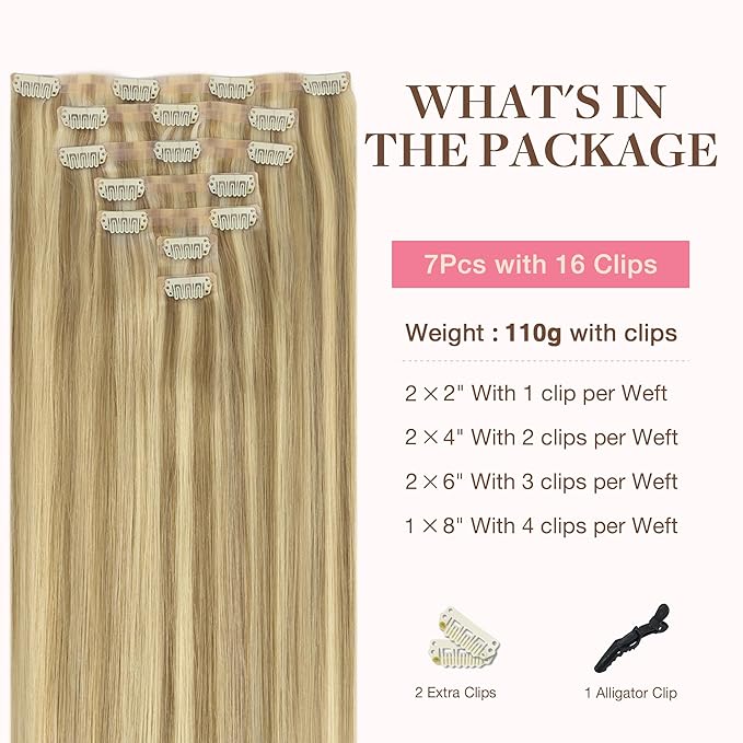 GOO GOO Clip in Hair Extensions Real Human Hair, Remy Human Hair Extensions Clip ins for Women, Natural Human Hair, 22inch 200g 9Pcs, #16/22 Light Blonde Highlighted Golden Blonde
