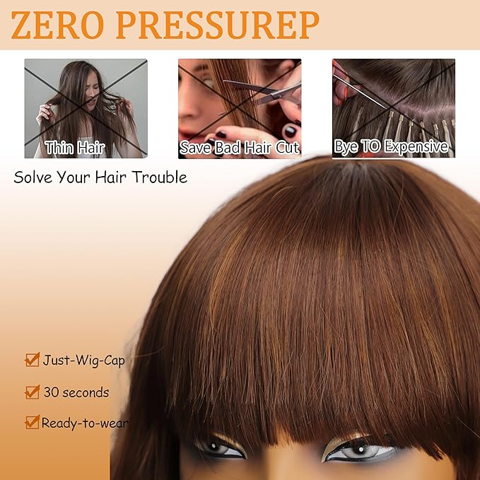 Nnzes Short Wavy Bob Wig with Bangs for Women Shoulder Length Curly Soft Chestnut Caramel Mix Synthetic Heat-Resistant Fiber Hair for Daily & Party Use