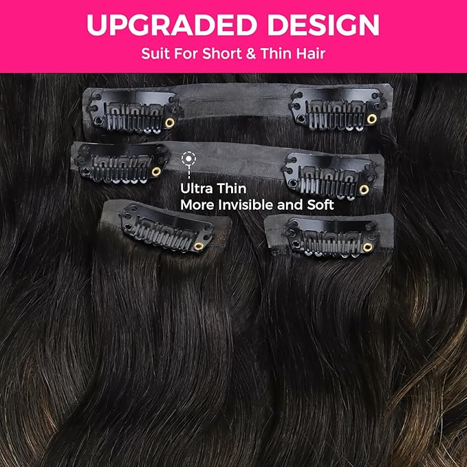 Lashey Seamless Clip in Hair Extensions Human Hair 130g 9pcs 16 Inch Body Wave Natural Black Mixed Chestnut Brown Clip in Hair Extensions for Women