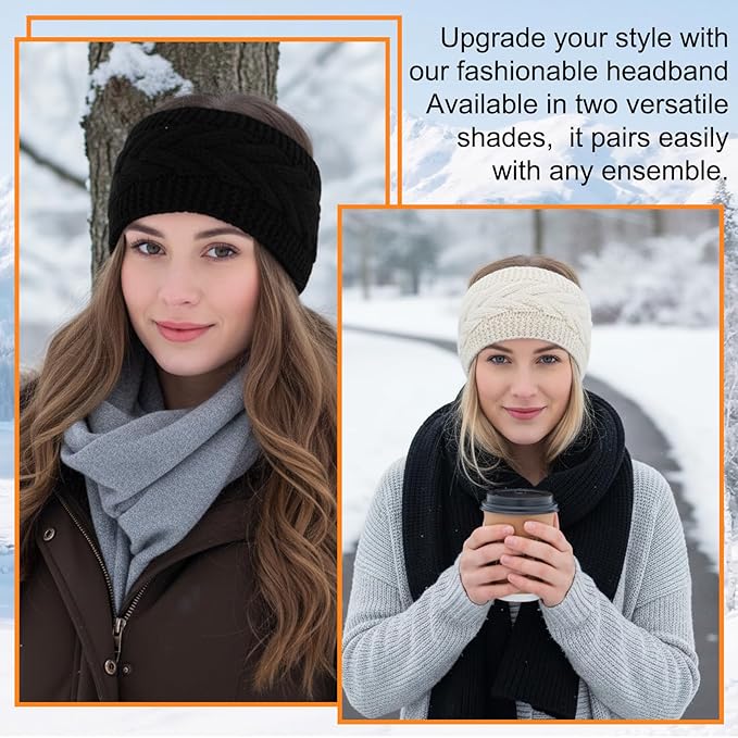 2Pcs Winter Headbands for Women, Soft Fuzzy Fleece Lined Ear Muffs for Winter Women, Cable Knit Ear Warmer Headband Christmas Stocking Stuffers Gifts