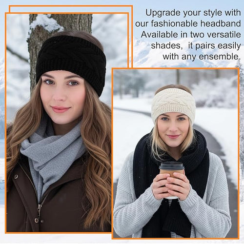 2Pcs Winter Headbands for Women, Soft Fuzzy Fleece Lined Ear Muffs for Winter Women, Cable Knit Ear Warmer Headband Christmas Stocking Stuffers Gifts