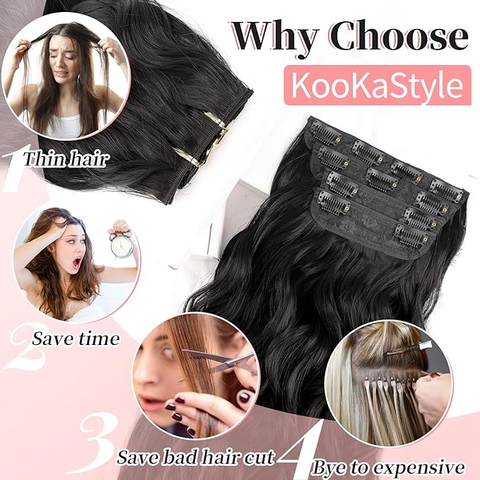 KooKaStyle Clip in Synthetic Hair Extensions Long Wavy 4PCS Thick Hairpieces Brunette Brown Fiber Double Weft Natural Hair Extensions 20 Inch for Women