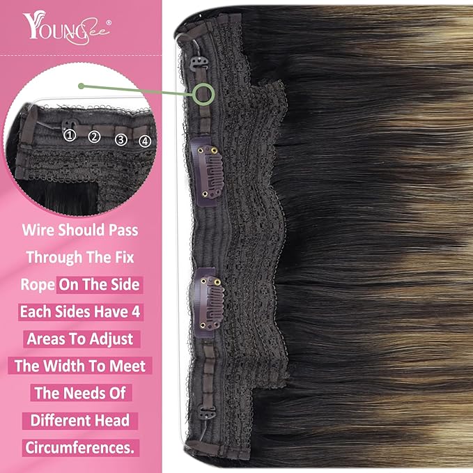YoungSee Wire Hair Extensions Real Human Hair Balayage Invisible Wire Hair Extensions with Extra Clips Dark Brown Ombre Medium Brown with Blonde One Pieces Hair Extension 18In 80G