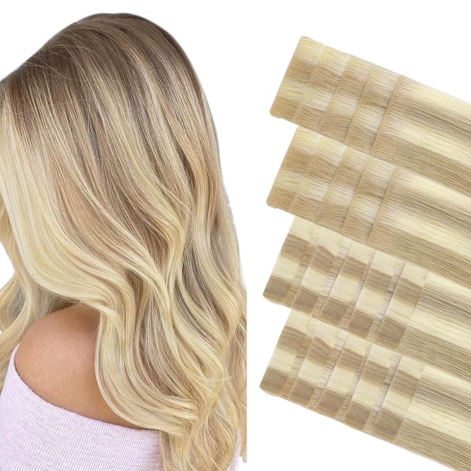 GOO GOO Invisi Edge Tape in Hair Extensions Human Hair, 18A/613A Dark Blonde Highlighted Bleach Blonde 10pcs injected with 10pcs classical tape ins, 18inch 50g, Virgin Remy Hair, Natural Look