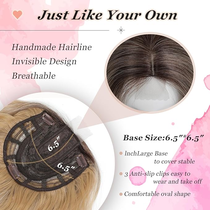 Hair Topper, 360° 3D Hair Toppers for Women with Thinning Crown, 20 Inch Long Wavy Curly Hair Pieces Clip in Bangs (Highlights Champagne Blonde with Brown Root, 20 inch, Side Bangs)
