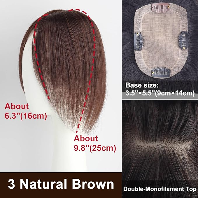 Real Human Hair Topper Pieces Double-Monofilament Top Hand-Tied Mid Length for Women Thinning BHADS914 (3 Natural Brown × Hair Length:9.8"(25cm), Base Size:3.5"×5.5"(9cm×14cm))