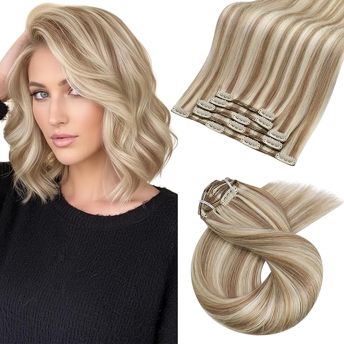 Moresoo Clip in Hair Extensions Brown with Blonde Highlights Clip ins Human Hair Dark Golden Brown with Platinum Blonde Short Real Human Hair 80g/5pcs 12 inch