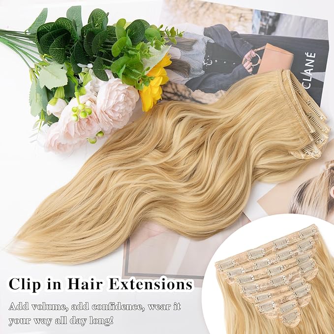 Clip in Hair Extensions for Women, 8PCS 16 Inch Wavy Honey Blonde Mix Beach Blonde Hair Extensions Clip Ins, Synthetic Hairpieces for Women