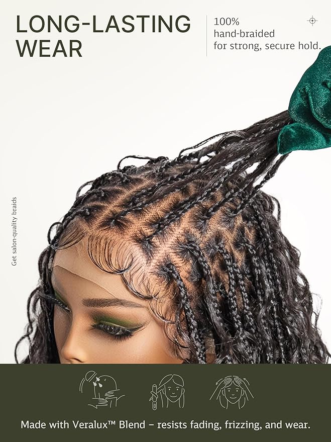 Frodio Braided Wig Veralux™ Fiber Full Lace Boho Curly Water Wave Synthetic Box Braided Wigs For Black Women Salon-Level 200% Density Bohemia Natural Scalp 30 Inches