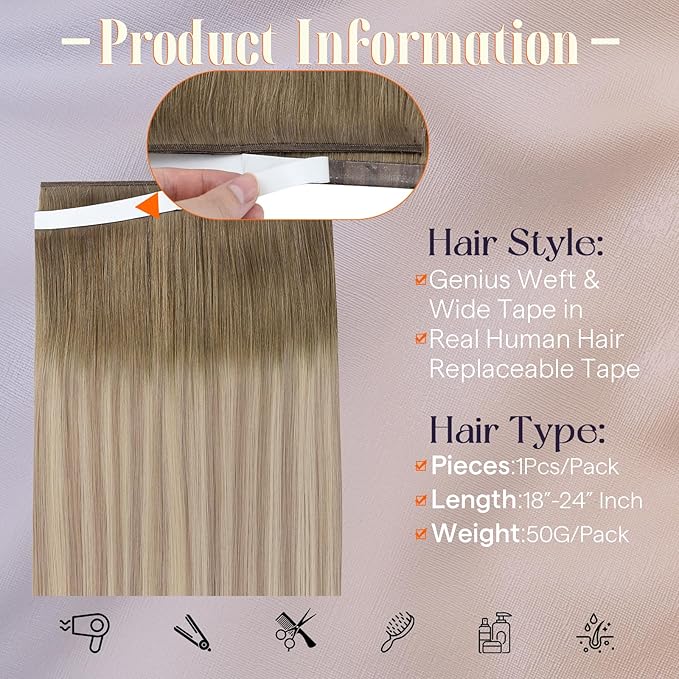 Full Shine Invisible Tape in Hair Extensions Human Hair Color 8 Ash Brown Ombre 60 Blonde And 18 Dark Ash BLonde Double Weft Wire Hair Extensions PU Wide Weft 50G A Piece 24 Inch Add Length for Daily