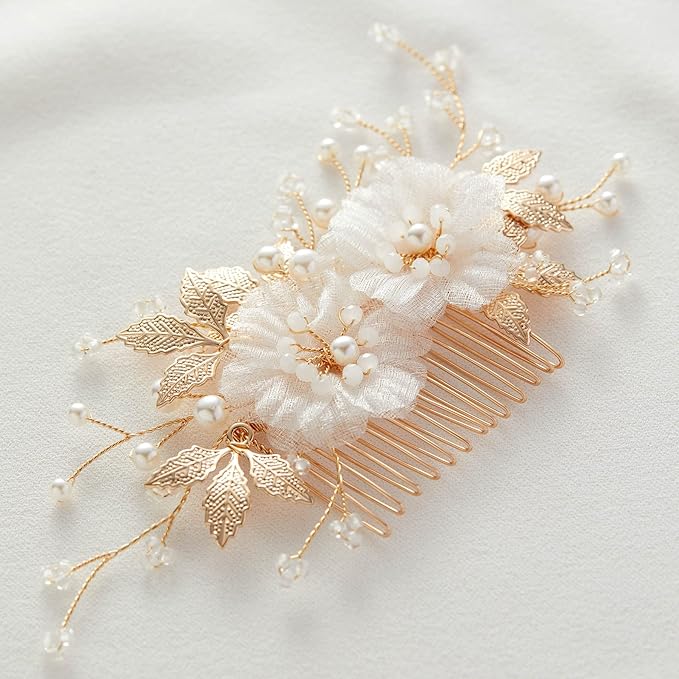 SWEETV Flower Bride Wedding Hair Comb of Fabric Material with Light Weight Pearl and Crystal Accents, Gold Color, 13*6 cm, for Brides Women and Girls Party Prom Gift