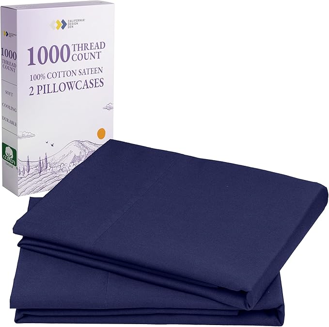 California Design Den Pillow Cases Queen Size Set of 2-1000 Thread Count Sateen, Soft & Thick 100% Cotton Queen/Standard Pillow Case Pair, Durable - Navy Blue