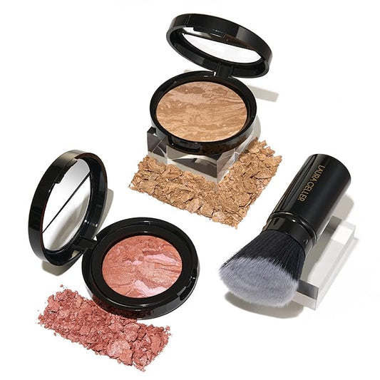 Blush-n-Glow Kit (3 PC): LAURA GELLER NEW YORK Baked Balance-N-Glow Illuminating CC Powder Foundation Golden Medium, Retractable Kabuki Brush, Baked Blush-N-Brighten Pink Grapefruit